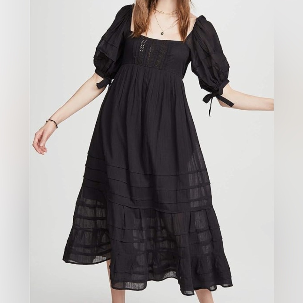 Free People Lets Be Friend Black Midi Sundress with Puff Sleeves and Square Neck